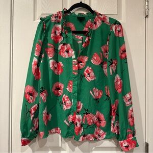 Floral Green Blouse office wear fun print florals size Large